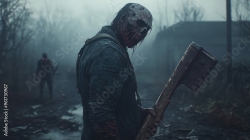 A zombie is holding a large axe in a dark forest