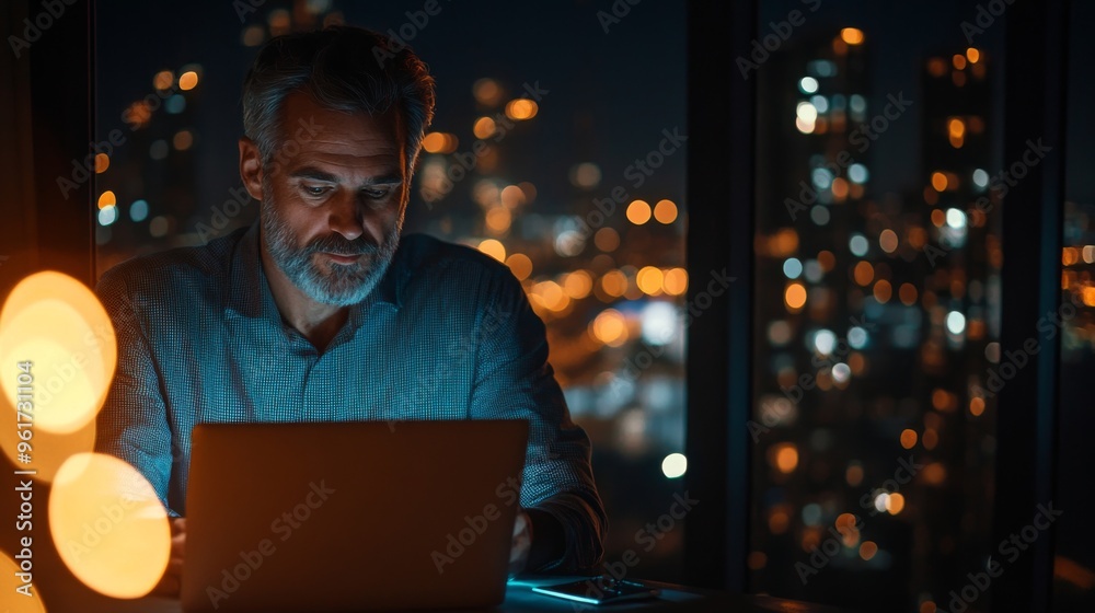 Man working late at night in the city Man working late at night in the city