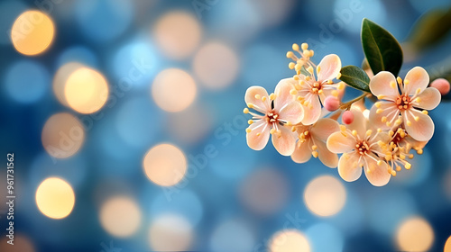 Delicate blossoms against a shimmering blue bokeh backdrop, creating a serene atmosphere during springtime