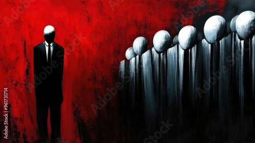 Abstract painting depicting figures in suits with featureless faces against dramatic red background conveying mystery and isolation