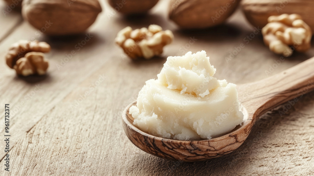 A wooden table holds a spoonful of shea butter and some nuts. There's room to add text. A wooden table holds a spoonful of shea butter and some nuts. There's room to add text.
