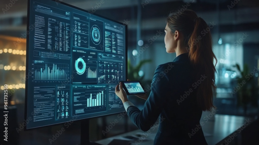 Businesswoman Analyzing Data on High-Tech Digital Screen Businesswoman Analyzing Data on High-Tech Digital Screen