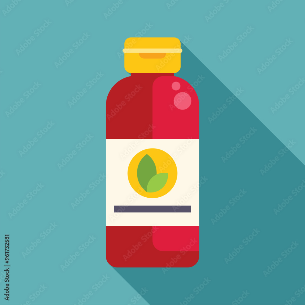 Red plastic bottle containing natural product with green leaf logo standing on blue background Red plastic bottle containing natural product with green leaf logo standing on blue background