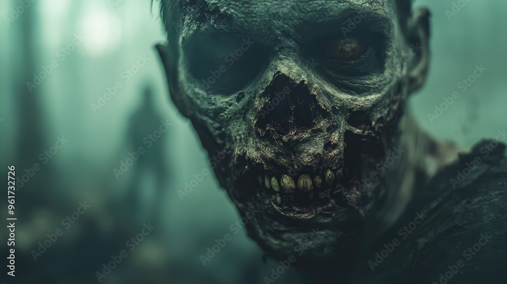 A close-up of a zombie's rotting face, with hollow, sunken eyes and exposed teeth, dark shadows highlighting its skeletal features. A close-up of a zombie's rotting face, with hollow, sunken eyes and exposed teeth, dark shadows highlighting its skeletal features.