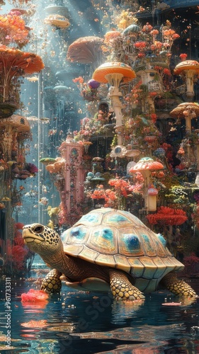 Surreal vision, a turtle or tortoise in a fantastical, dreamlike environment with imaginative elements and vivid colors, creating an otherworldly and whimsical scene. photo