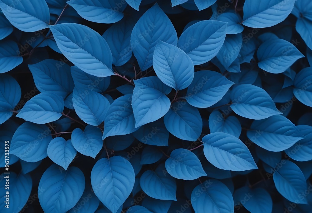 Trend color 2020 classic blue, top view, layout for design. Beautiful natural natural background with exotic leaves in blue trendy color. Trendy color concept of the year, classic blue background.
