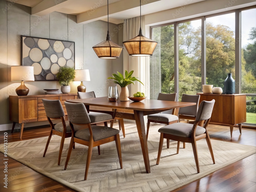 Fototapeta premium Sophisticated Mid-century modern dining room table with geometric details and rich wood tones, exuding warmth and