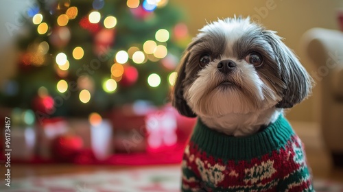 A festive dog in a Christmas sweater poses in front of a decorated tree. photo