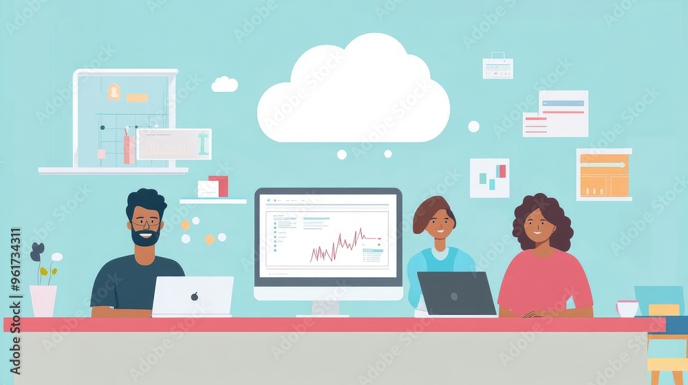 Multicultural team using cloud-based software, flat design, side view, tech startup theme, animation, vivid Multicultural team using cloud-based software, flat design, side view, tech startup theme, animation, vivid