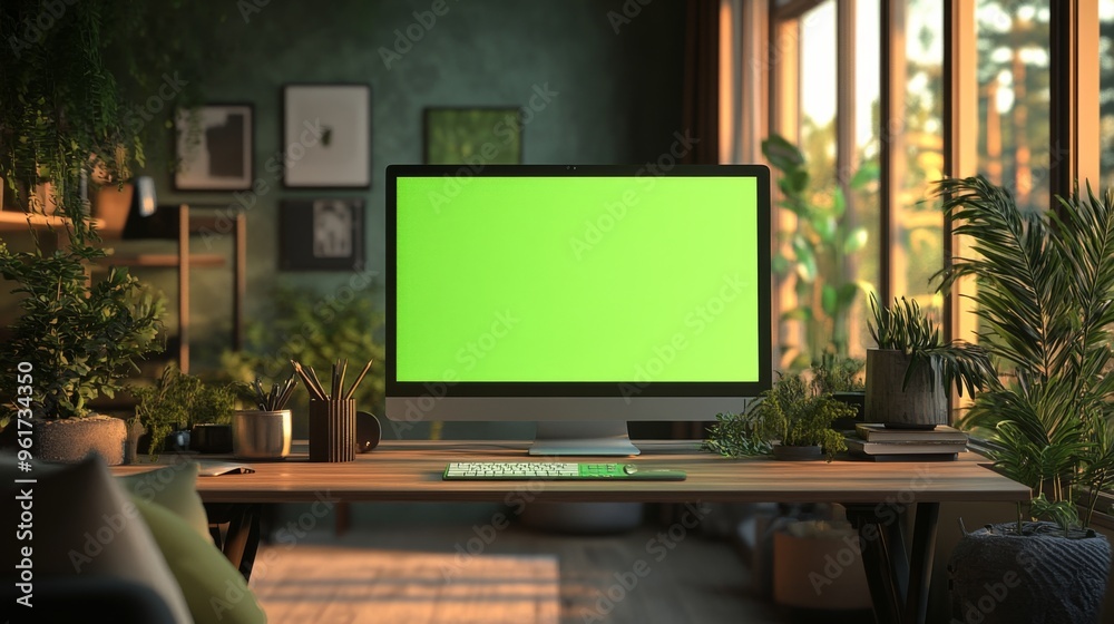 Modern workspace with computer amidst greenery Modern workspace with computer amidst greenery