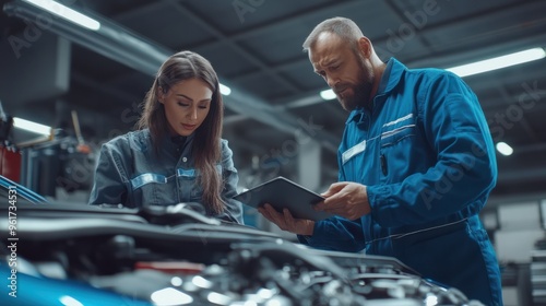 Manager Checks Data on a Tablet and Explains an Engine Breakdown to an Empowering Female Mechanic Car Service Employees Inspect a Car with Internal Combustion Engine Modern Clean Workshop photo