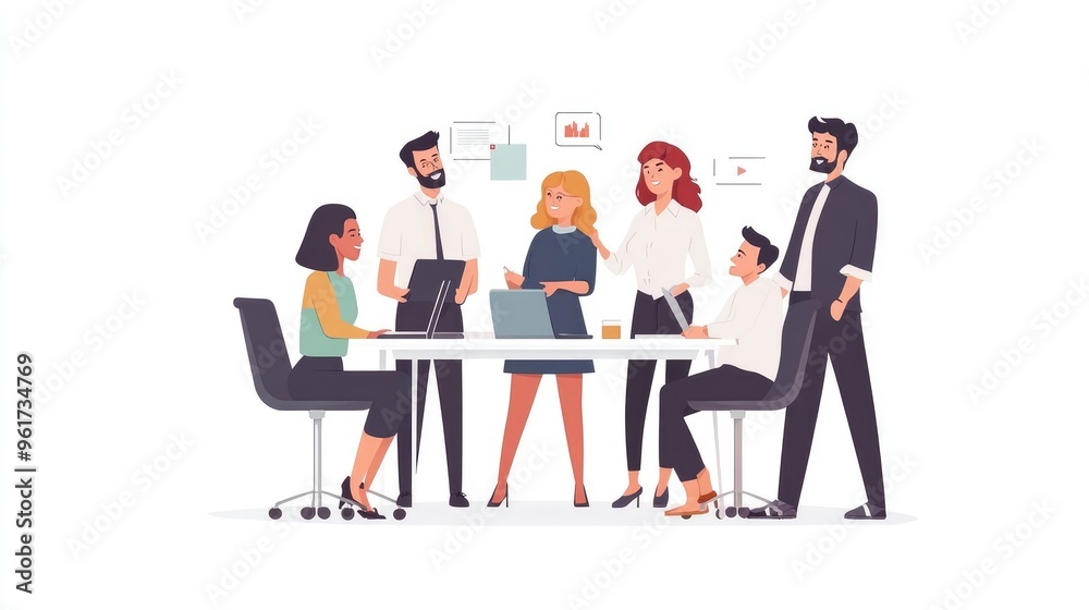 Flat Design Illustration of Colleagues in a Work Discussion on Clean White Background Flat Design Illustration of Colleagues in a Work Discussion on Clean White Background