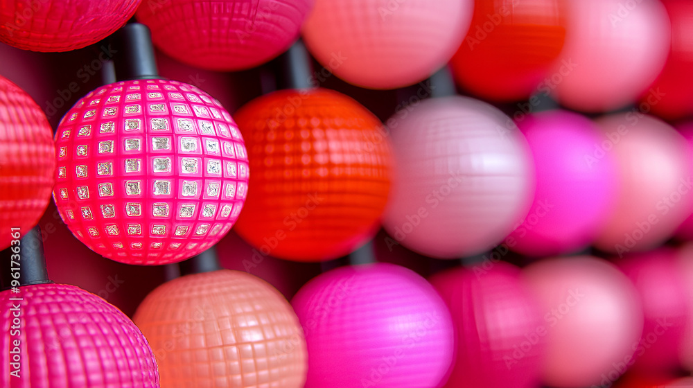 Fototapeta premium Vibrant arrangement of textured spheres in shades of red and pink against a bright background in a creative art installation