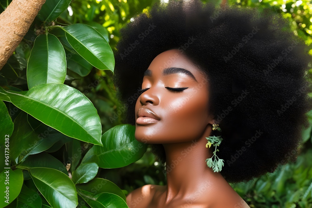 Beautiful Black Woman with Afro Hair and Green Leaves Beautiful Black Woman with Afro Hair and Green Leaves