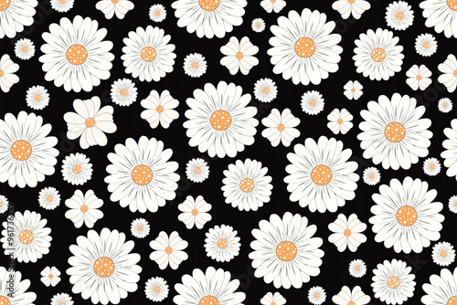 White daisy with black BG seamless pattern.Vintage flowers. Floral patterns seamless embroidery texture ethnic batik Denmark damask daisy Flower motifs paisley wallpaper Vector illustration