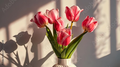 Pink tulips in a white vase with shadows on the wall, serene home decor atmosphere
