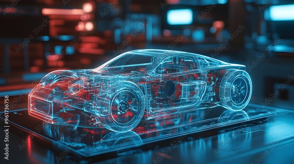Holographic 3D visualization showcasing the internal design and engineering of a car s air conditioning system Holographic 3D visualization showcasing the internal design and engineering of a car s air conditioning system