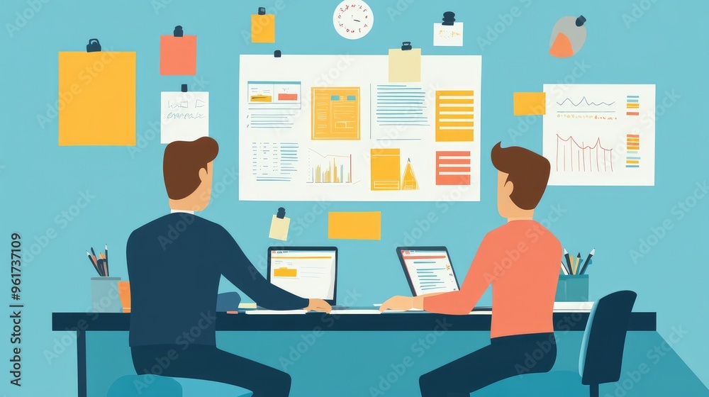 Project planning with agile methodology, flat design, front view, professional theme, cartoon drawing, Split-complementary color scheme Project planning with agile methodology, flat design, front view, professional theme, cartoon drawing, Split-complementary color scheme