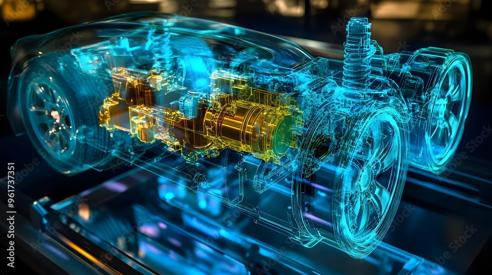 Holographic digital showing the internal components and workings of a ...