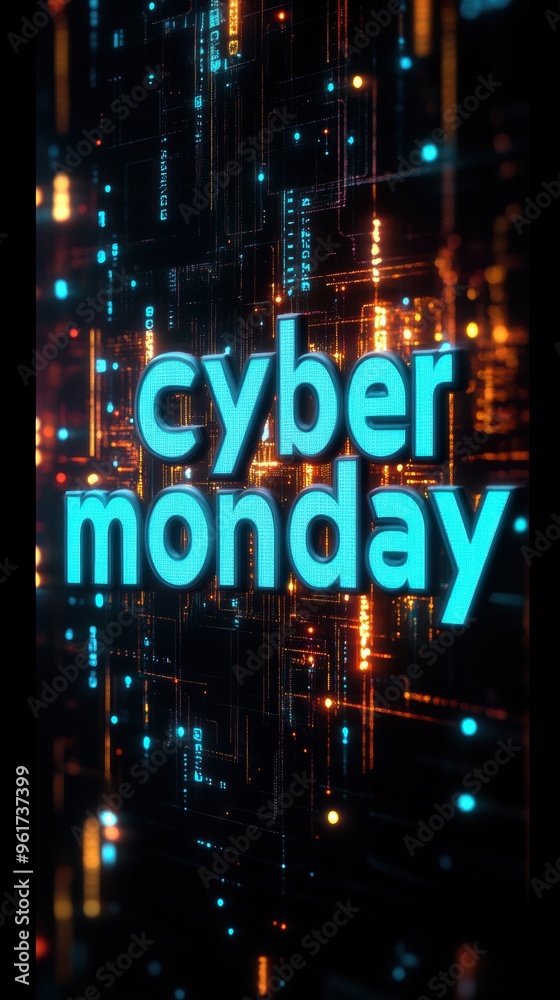 Futuristic Cyber Monday Text with Neon Lights and Digital Circuitry Futuristic Cyber Monday Text with Neon Lights and Digital Circuitry