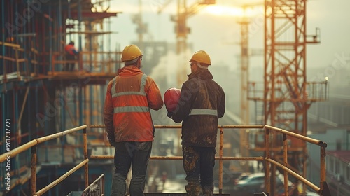 Wallpaper Mural Two construction workers standing in a crane basket, The background is filled with cranes, scaffolding, and construction equipment. teamwork, safety, and the industrial environment. Generative AI. Torontodigital.ca