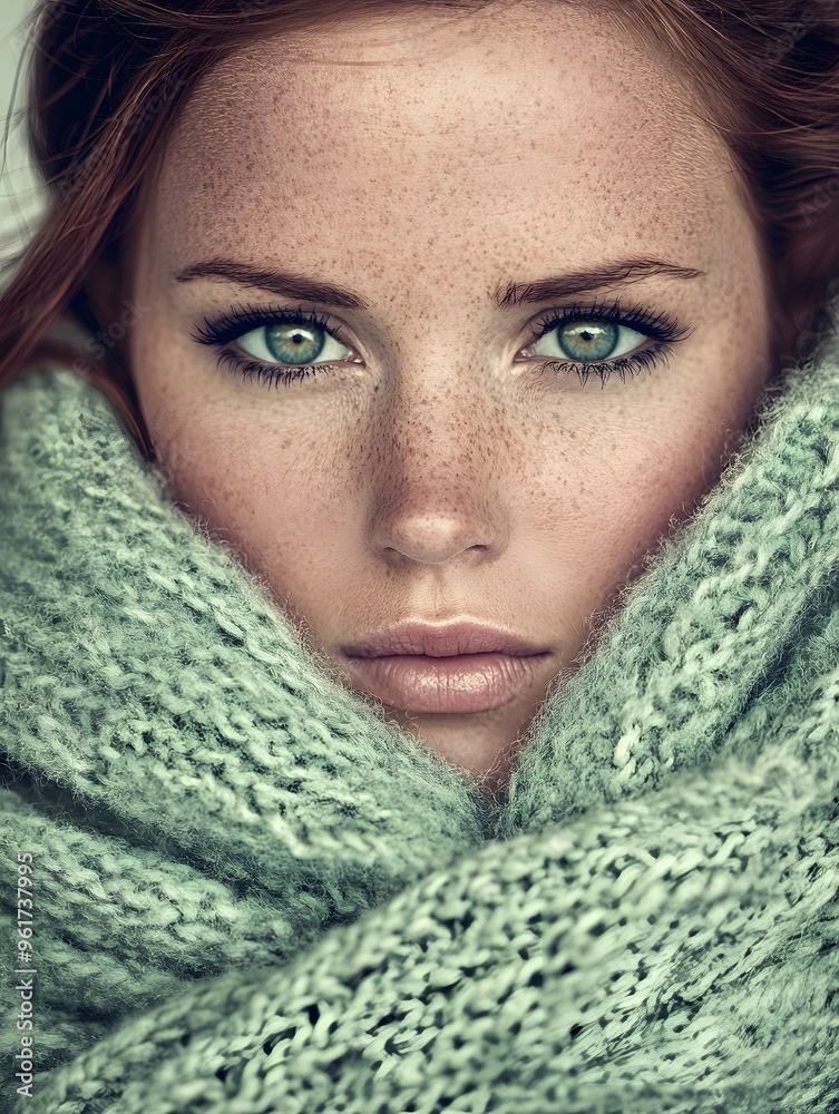 Closeup Portrait of Woman with Freckles and Green Eyes Wrapped in a Knitted Scarf Closeup Portrait of Woman with Freckles and Green Eyes Wrapped in a Knitted Scarf