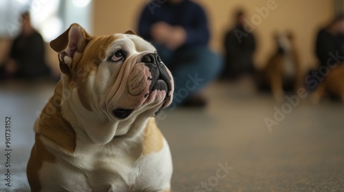 A focused bulldog sits in a training environment with people in the background.