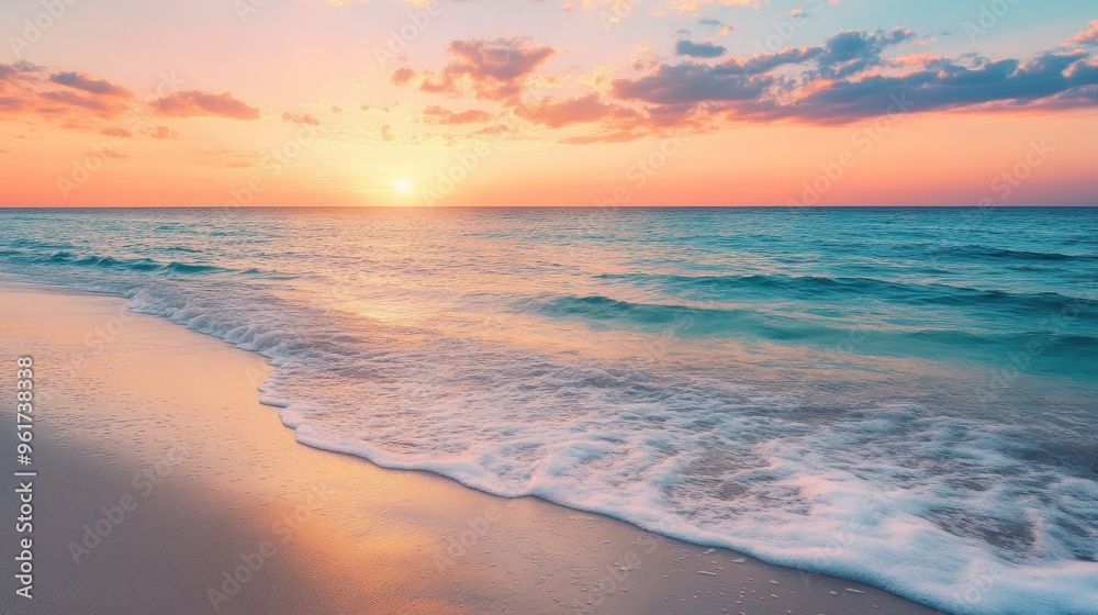 Serene beach with gentle waves and a colorful sunset, evoking relaxation and beauty. Serene beach with gentle waves and a colorful sunset, evoking relaxation and beauty.