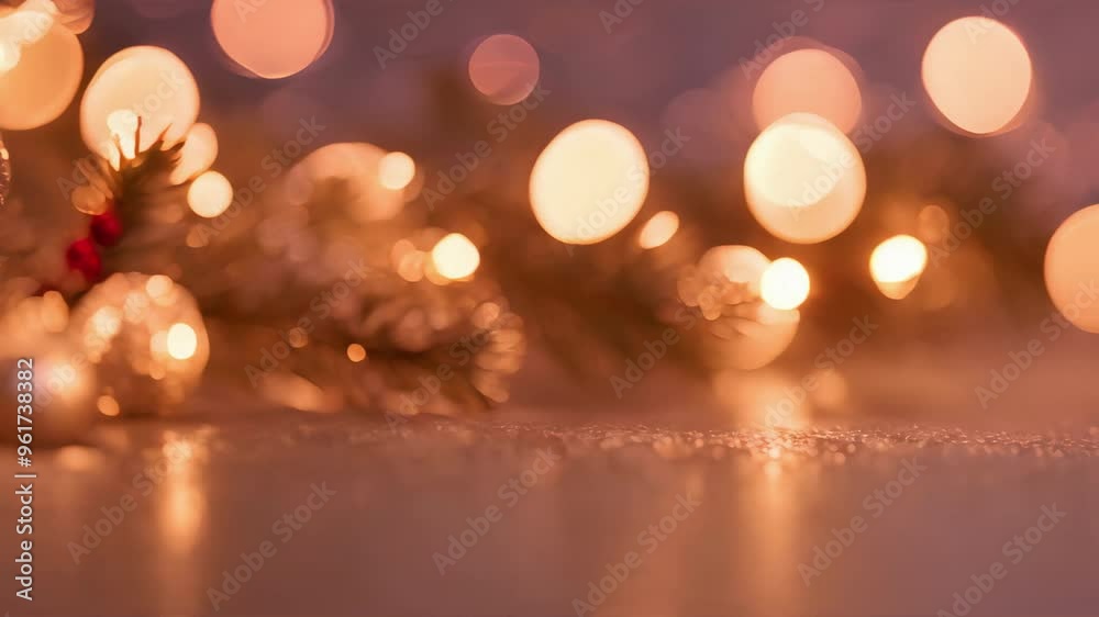 Christmas lights increasingly blurring behind ornaments and pine branch Christmas lights increasingly blurring behind ornaments and pine branch
