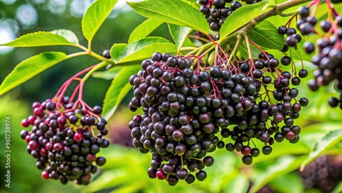 Tender elderberry branches sway gently, wearing garlands of vibrant green leaves and clusters of plump, inky purple photo