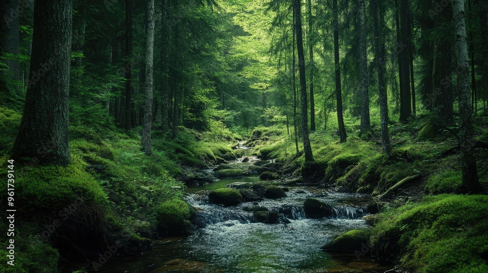 Fototapeta premium Serene forest with a gentle stream, representing peace and natural beauty