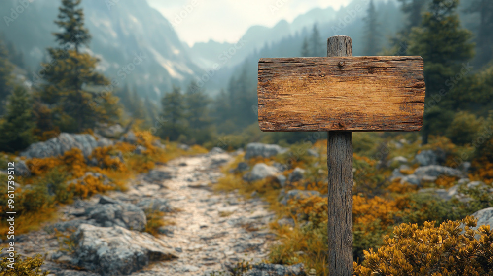Naklejka premium Blank wooden signposts standing alone in natural settings like forests, mountains, or rural paths, creating a rustic feel.