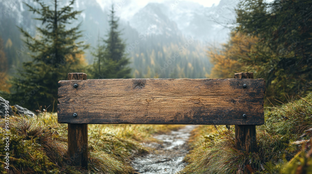 Fototapeta premium Blank wooden signposts standing alone in natural settings like forests, mountains, or rural paths, creating a rustic feel.