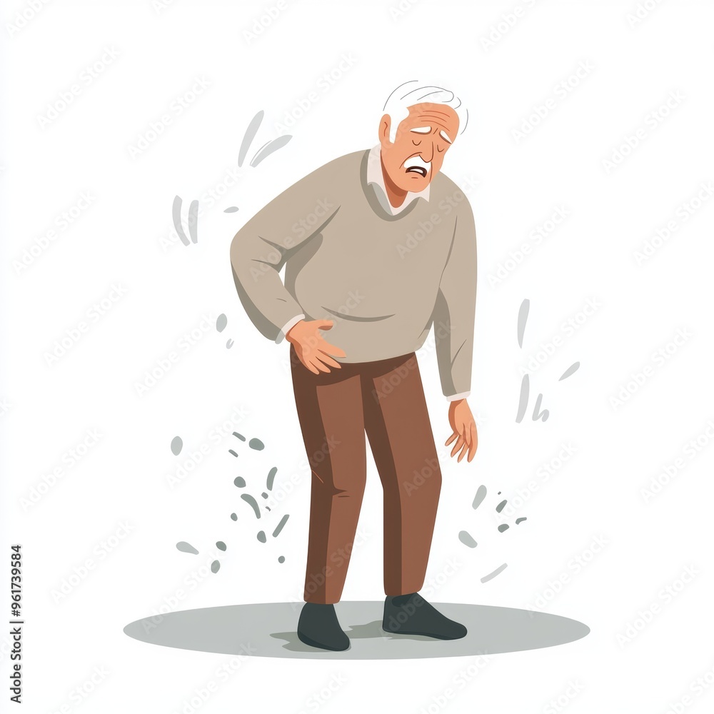 Senior experiencing tremors, uncontrolled shaking, flat design illustration