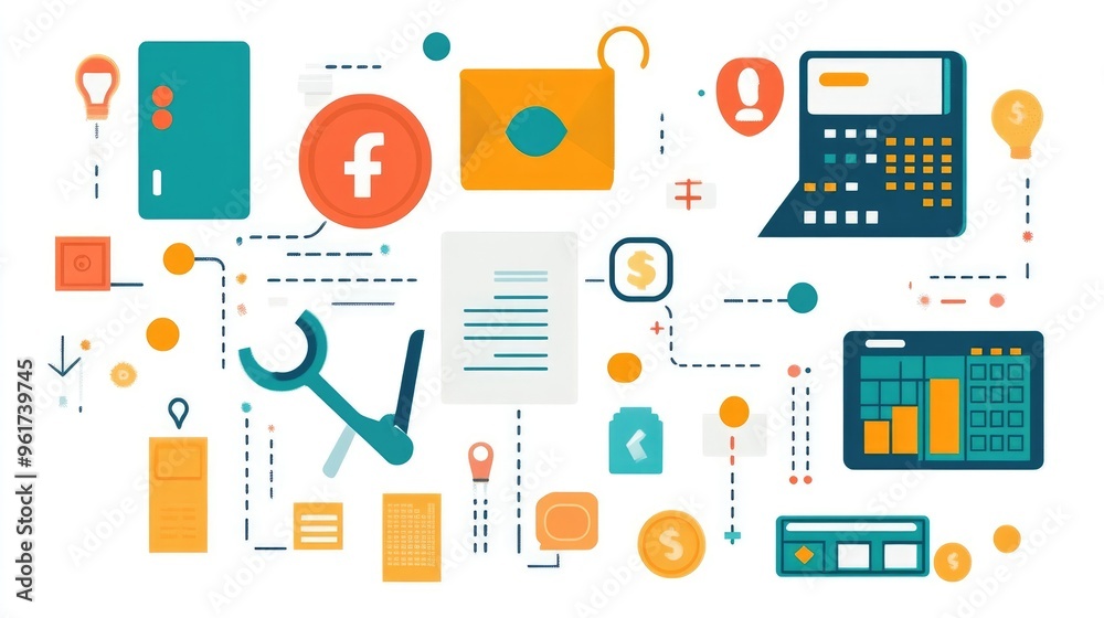 Flat Design Infographic Illustrating Fintech Benefits for Small Business, Featuring Expense Tracking and Invoice Management Flat Design Infographic Illustrating Fintech Benefits for Small Business, Featuring Expense Tracking and Invoice Management