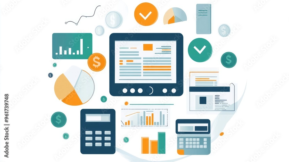 Flat Design Infographic Illustrating Fintech Benefits for Small Business, Featuring Expense Tracking and Invoice Management Flat Design Infographic Illustrating Fintech Benefits for Small Business, Featuring Expense Tracking and Invoice Management