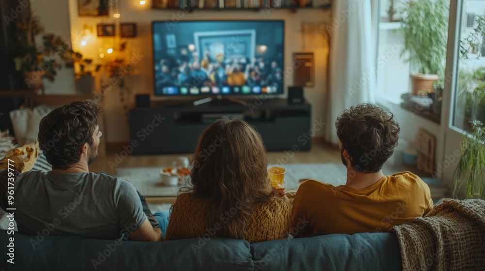 Group watching TV in cozy living room Group watching TV in cozy living room