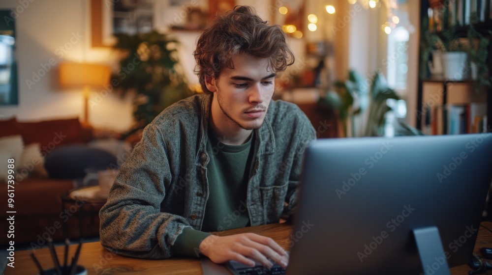 Young Man Working on Computer at Home Young Man Working on Computer at Home