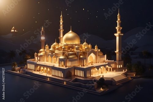 Beautiful Golden Mosque in Bolgar is reflected in the water against the evening sky with light
 photo