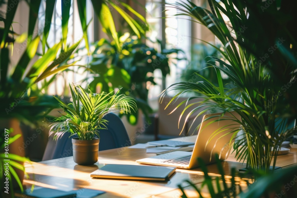 Fototapeta premium A serene workspace filled with lush greenery, featuring a laptop on a wooden table surrounded by vibrant plants in soft natural light.