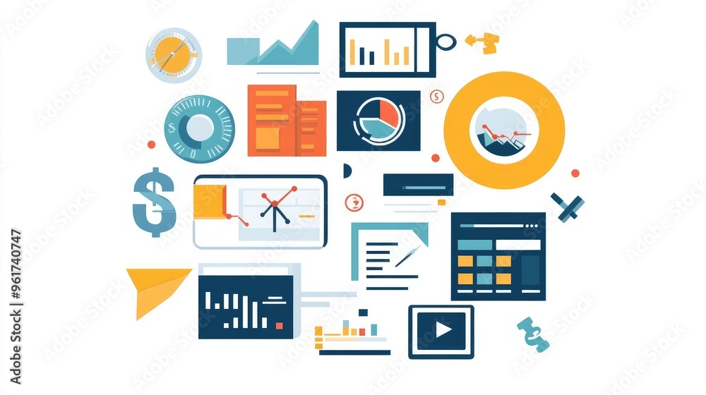 Flat Design Infographic Illustrating Fintech Benefits for Small Business, Featuring Expense Tracking and Invoice Management Flat Design Infographic Illustrating Fintech Benefits for Small Business, Featuring Expense Tracking and Invoice Management