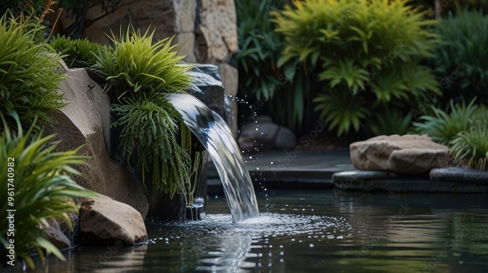 the small waterfall in the fishpond the small waterfall in the fishpond