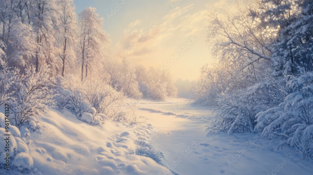 Fototapeta premium Snow-covered landscape with soft winter light, capturing the calm and purity of the season.