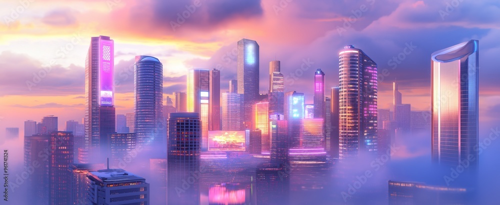 sunset over futuristic city skyline with glowing neon lights