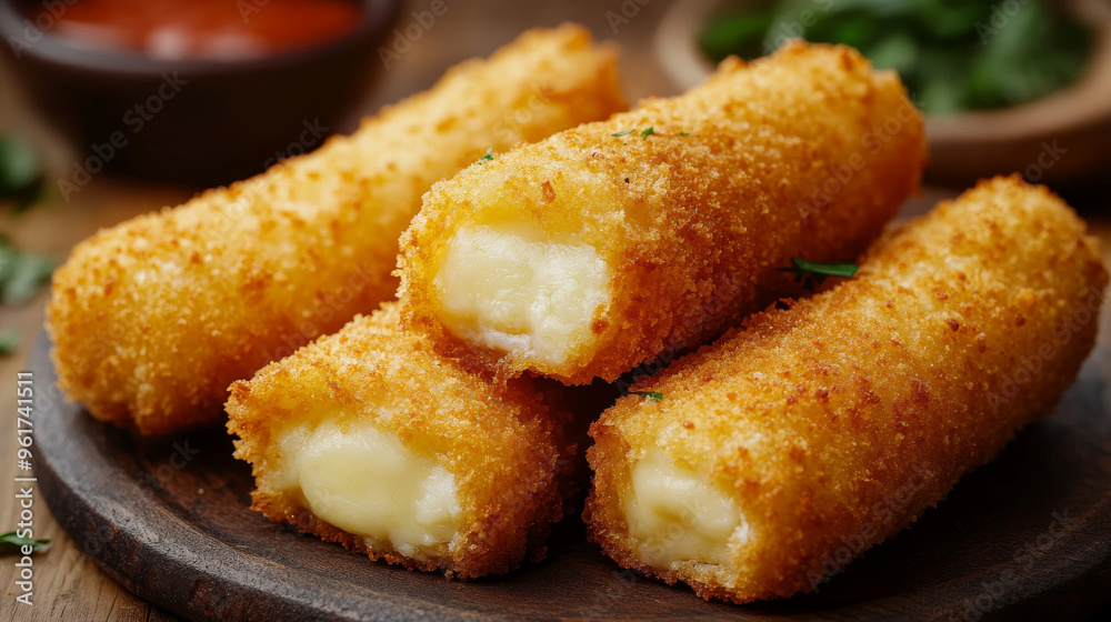 Crispy, golden mozzarella sticks are made with cheese that's been coated in bread crumbs and deep-fried. Crispy, golden mozzarella sticks are made with cheese that's been coated in bread crumbs and deep-fried.