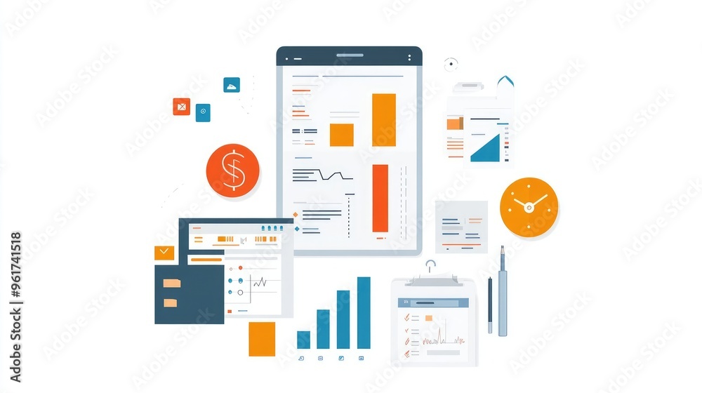 Flat Design Infographic Illustrating Fintech Benefits for Small Business, Featuring Expense Tracking and Invoice Management Flat Design Infographic Illustrating Fintech Benefits for Small Business, Featuring Expense Tracking and Invoice Management