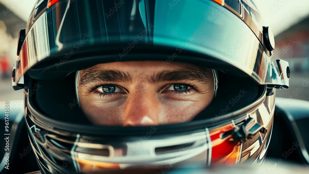Close-up portrait of determined race car driver in helmet, intense gaze through visor. Professional motorsport athlete ready for competition. Focused expression of speed and adrenaline in auto racing Close-up portrait of determined race car driver in helmet, intense gaze through visor. Professional motorsport athlete ready for competition. Focused expression of speed and adrenaline in auto racing