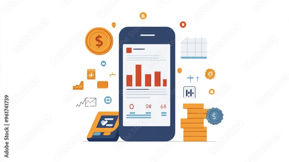 Flat Design Infographic Illustrating Fintech Benefits for Small Business, Featuring Expense Tracking and Invoice Management Flat Design Infographic Illustrating Fintech Benefits for Small Business, Featuring Expense Tracking and Invoice Management
