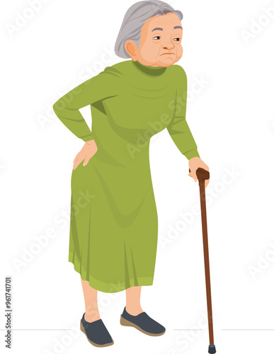 old woman walking with stick, Senior women and standing and walking with stick. Elderly people cartoon character