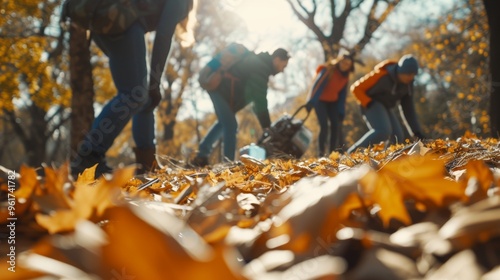 A group of volunteers actively picking up litter in a park covered with fallen autumn leaves. The image reflects community effort, environmental care, and the beauty of nature during the fall season.
